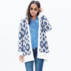 Madewell Contrast Fair Isle Oversized Cardigan Sweater Size S Navy Ivory